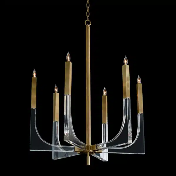 Acrylic and Brass Six Light Chandelier