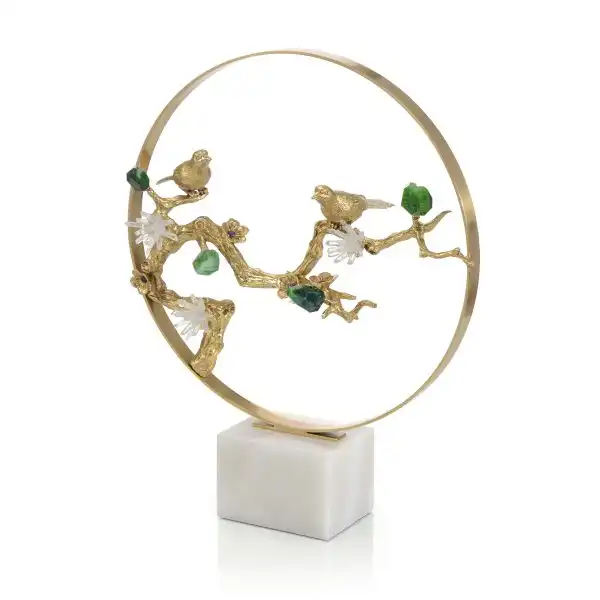 Brass Bird and Green Agate Sculpture