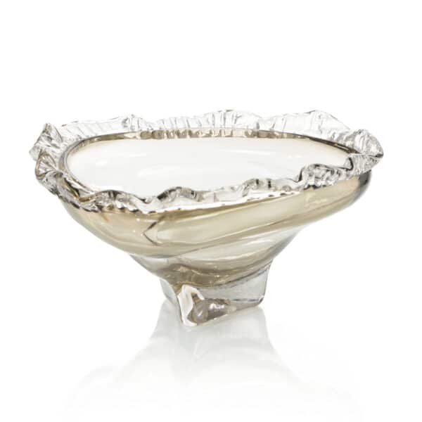 Brown and Clear Ruffled Hand Blown Glass Bowl