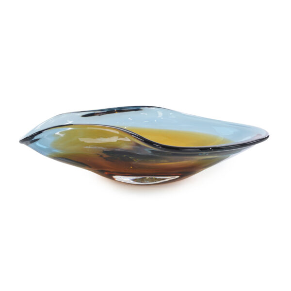 Hand Blown Dark Blue and Amber Curved Bowl