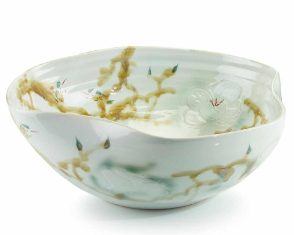 Curled Rim Bowl in Greens and Yellows