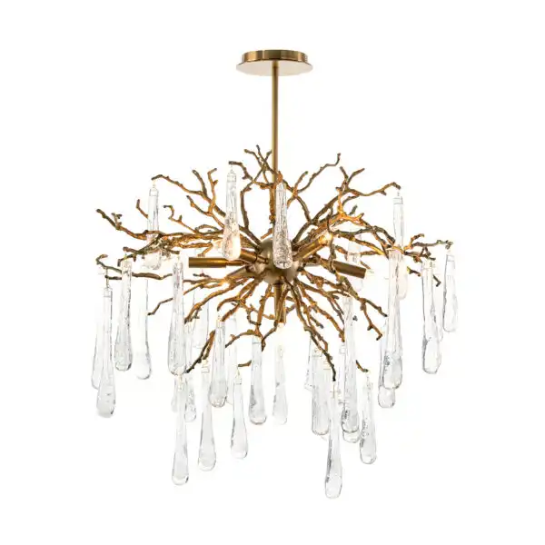 Brass and Glass Teardrop Seven Light Chandelier