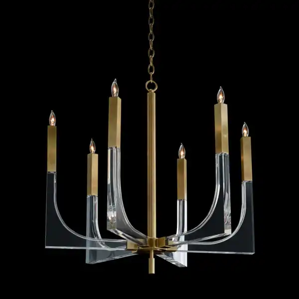 Acrylic and Brass Six Light Chandelier