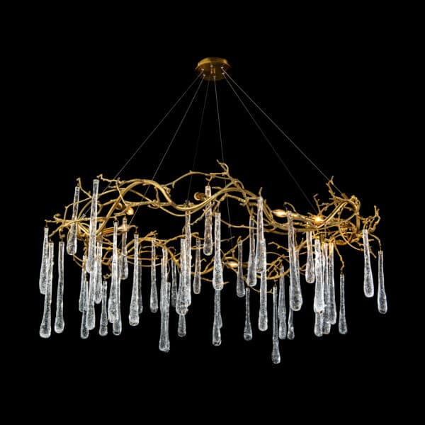 Brass and Glass Teardrop Eight Light Chandelier