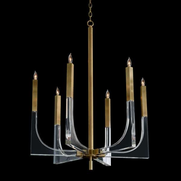 Acrylic and Brass Six Light Chandelier